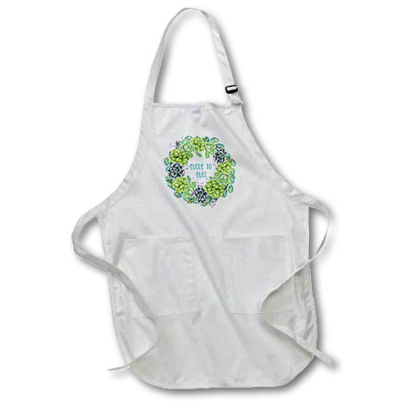 Apron - Succs to Succ in teal written in a succulent wreath on white. Stamp City - typography