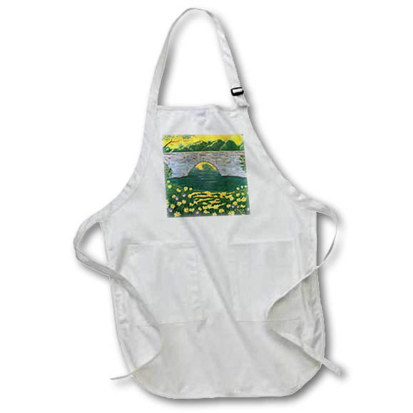 Apron - Painting of Stone Bridge by Flower Field Lake and Yellow Sky sArt Scenery