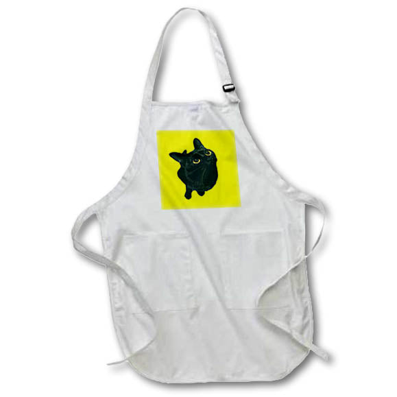 Apron - Shorthair Black Cat With Bright Yellow Eyes Looking Up Vector Art - Black Cat