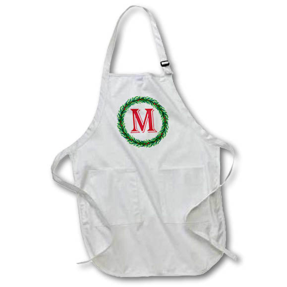 Apron - Christmas Wreath Monogram M Red Initial, SM3DR Christmas Monograms