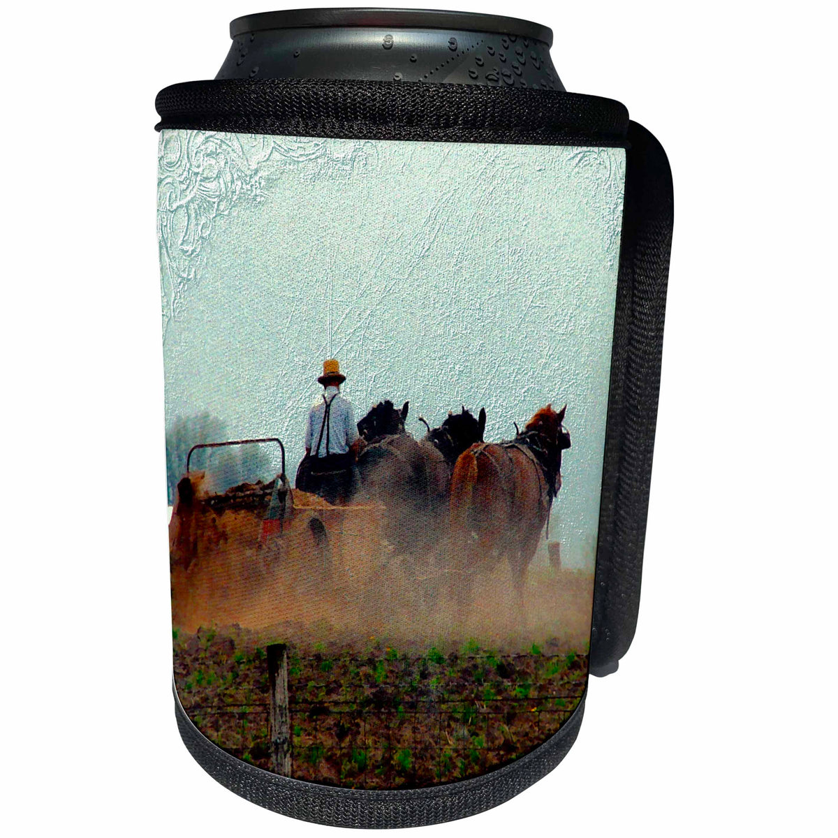 3dRose Cassie Peters Horses - Amish 3 Horse Team Field Work by Angelandspot - Can Cooler Bottle Wrap (cc_130455)