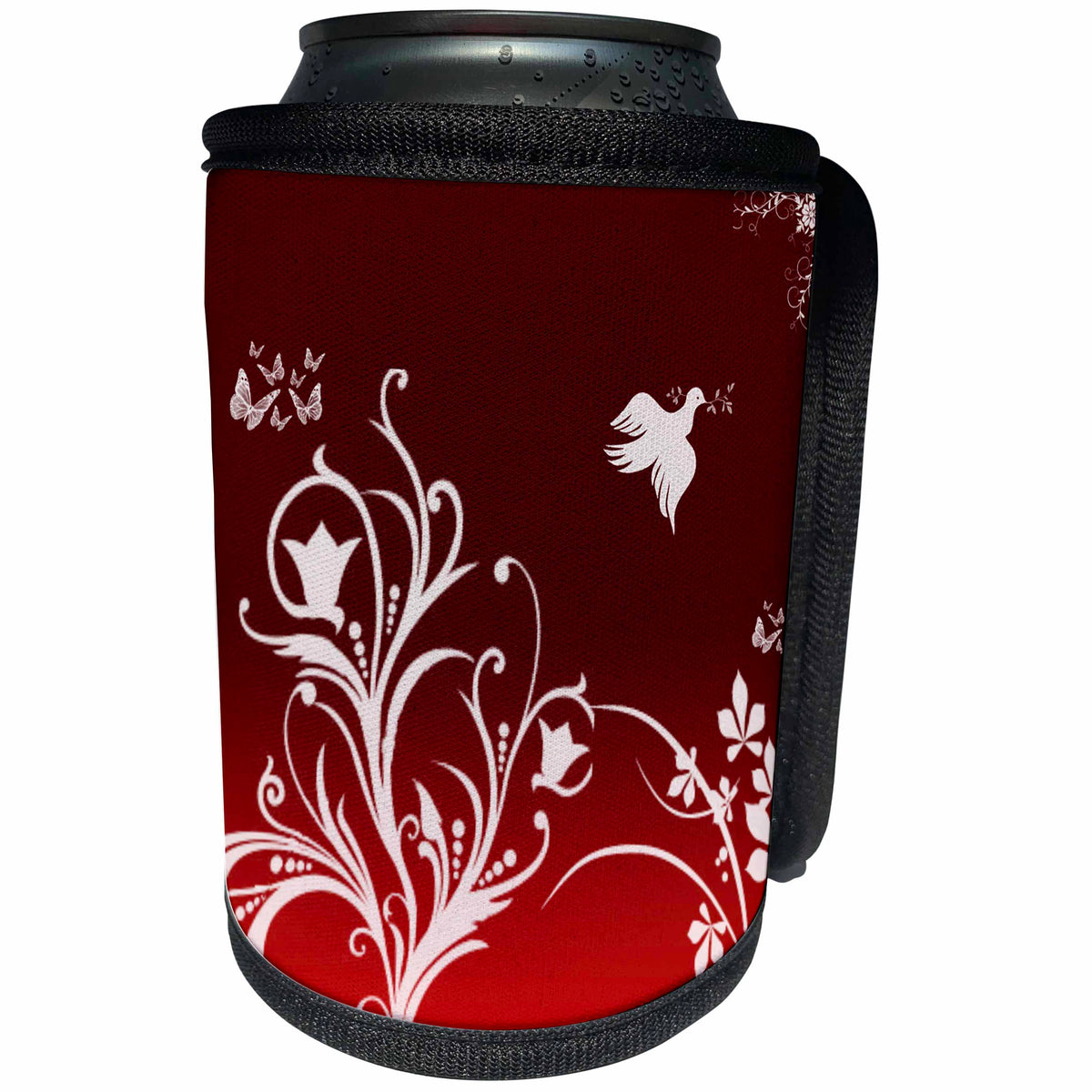3dRose 777images Designs Patterns - Floral pattern in white on a dark red to red gradient background with dove and butterflies. - Can Cooler Bottle Wrap (cc_36122)