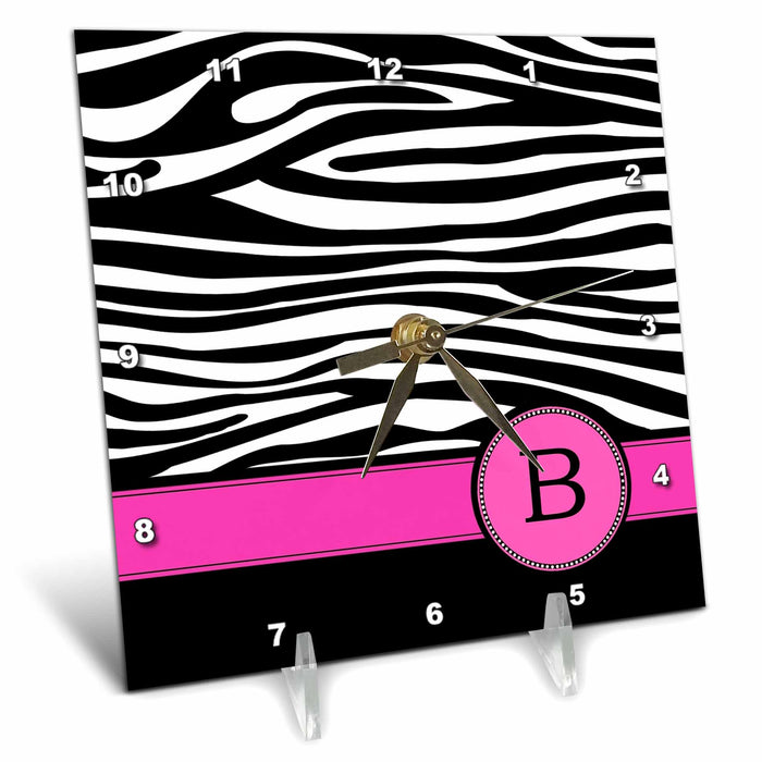 Desk Clock - Letter B monogrammed black and white zebra stripes animal print with hot pink personalized initial Monograms