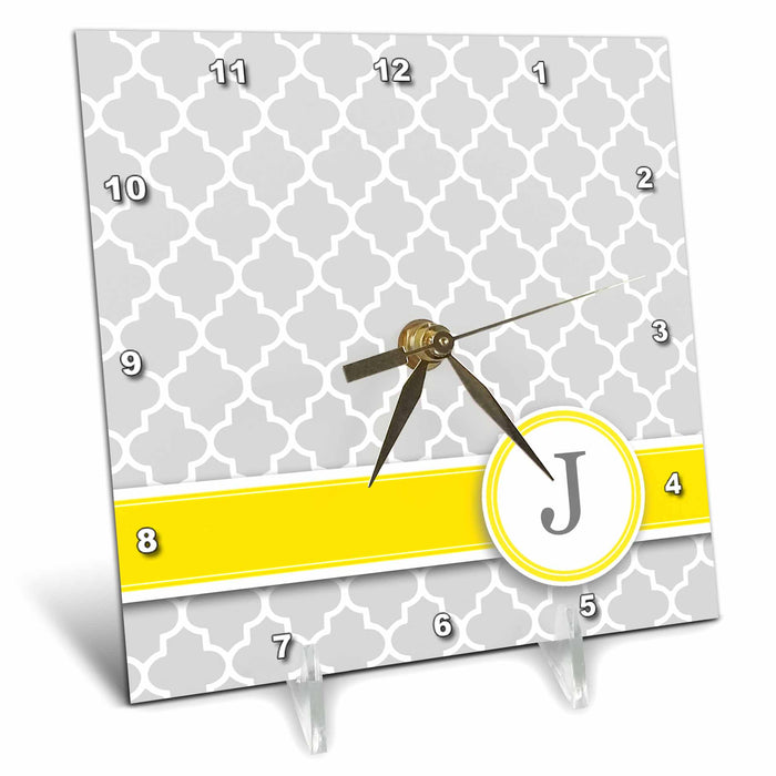 Desk Clock - Your personal name initial letter J - monogrammed grey quatrefoil pattern - personalized yellow gray Monograms