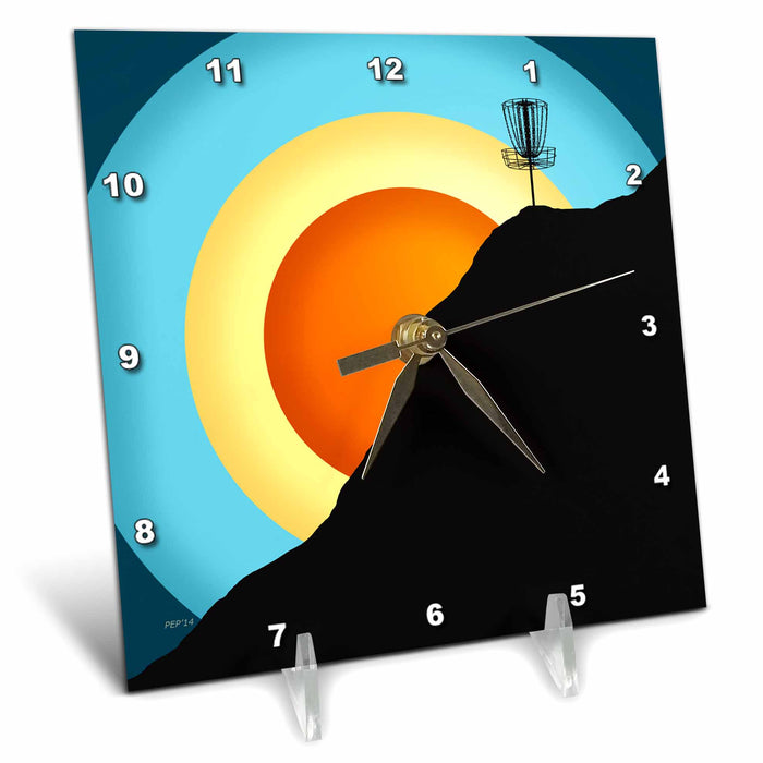 Desk Clock - Extreme Disc Golf - colorful rings and silhouette of a disc golf basket Disc Golf