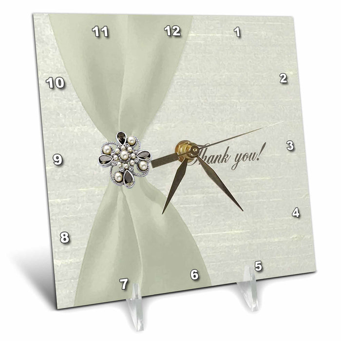 Desk Clock - Sage Green Satin Look Ribbon with Jewel Like Thank you Thank you Design