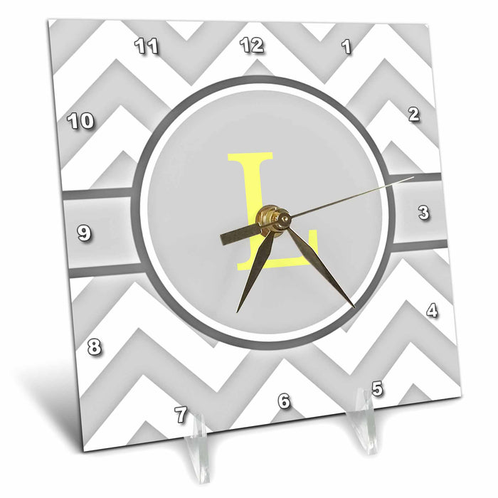 Desk Clock - Grey and white chevron with yellow monogram initial L Designs