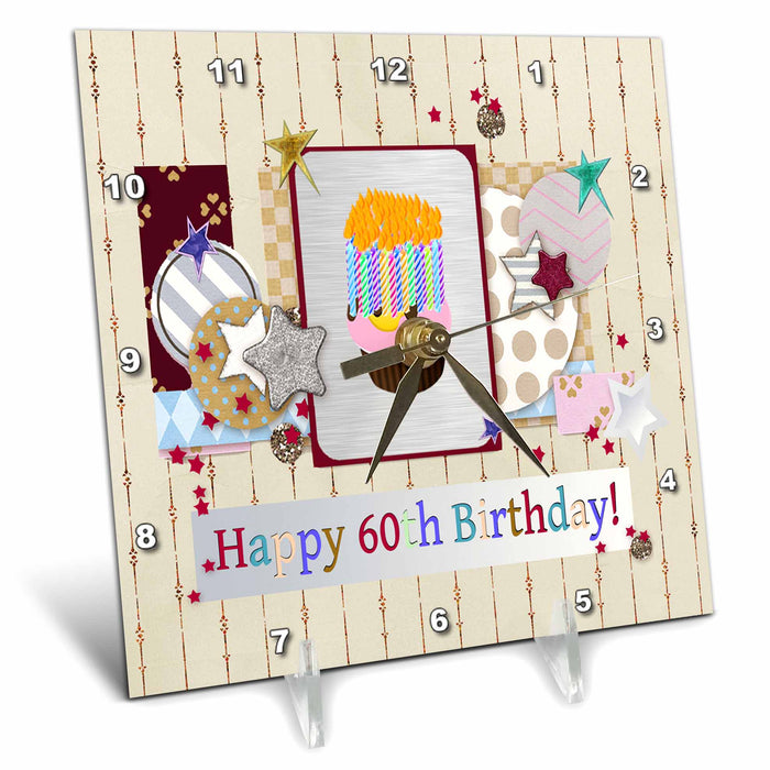 Desk Clock - Collage of Stars, Cupcake, and Candle, Happy 60th Birthday Birthday Design