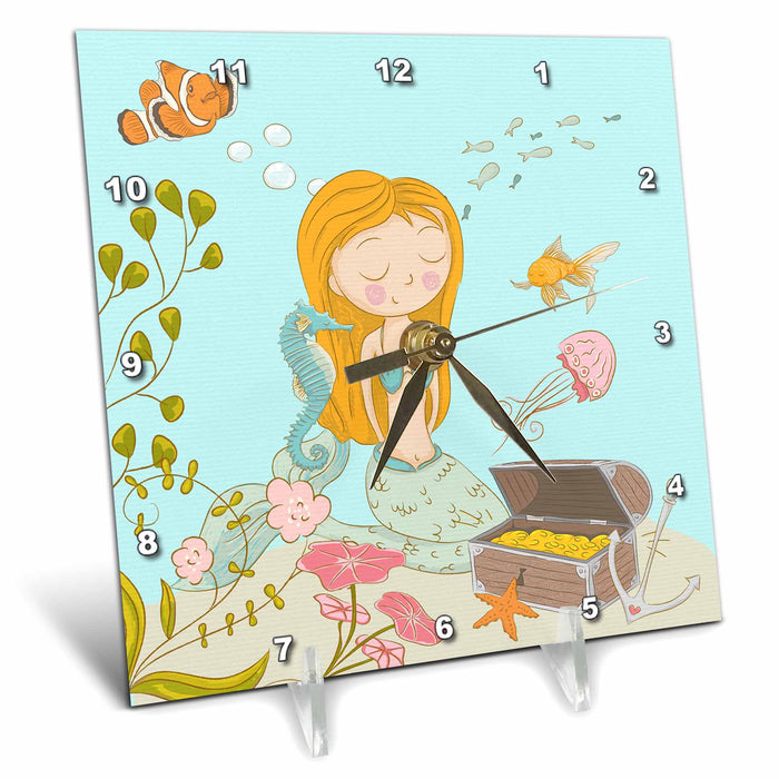 6x6 Desk Clock - Ocean Fairy Underwater Illustration for Kids - Mermaid Dreams Sayings and Typography