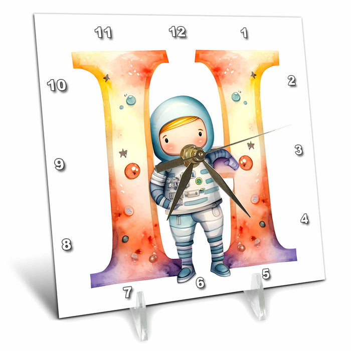 Desk Clock - Cute Astronaut Monogram Initial H Monograms