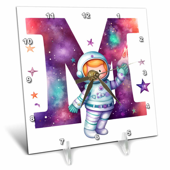 Desk Clock - Cute Astronaut Monogram Initial M Monograms