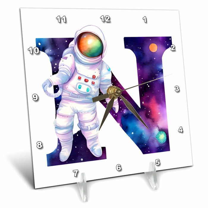 Desk Clock - Cute Astronaut Monogram Initial N Monograms