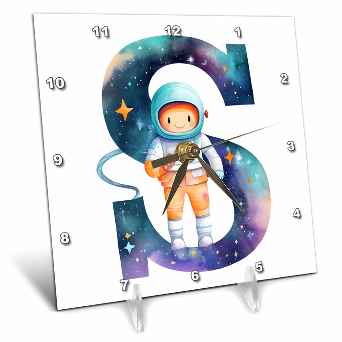 Desk Clock - Cute Astronaut Monogram Initial S Monograms