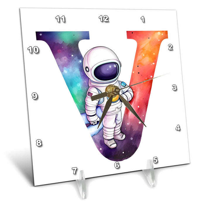 Desk Clock - Cute Astronaut Monogram Initial V Monograms