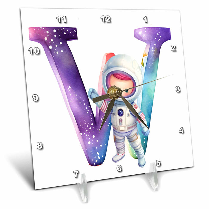 Desk Clock - Cute Astronaut Monogram Initial W Monograms