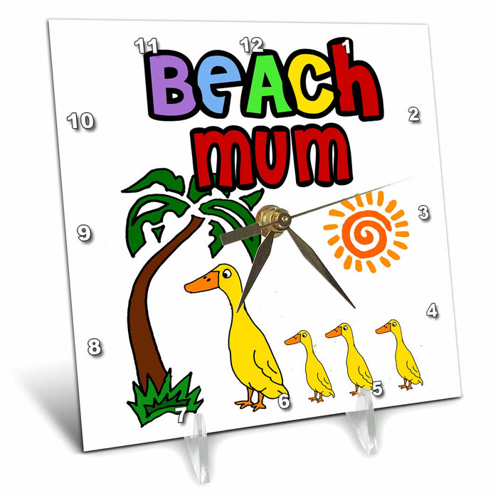 Desk Clock - Funny Cute Mother Duck and Ducklings Beach Mum Pun Cartoon Funny