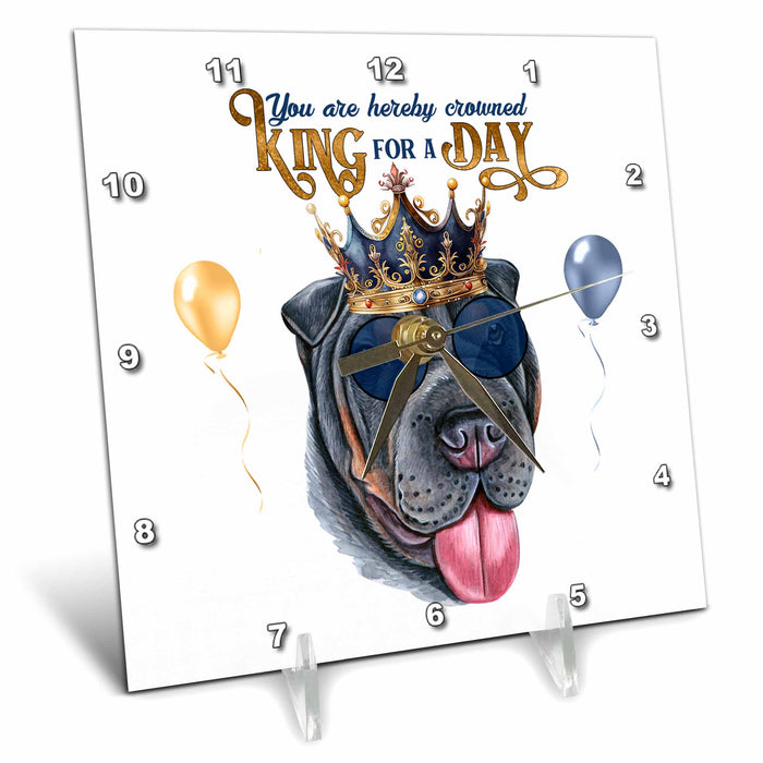 Desk Clock - Cute Black Shar Pei Dog in a Fun King for a Day Theme for Dads KING for a Day Dogs