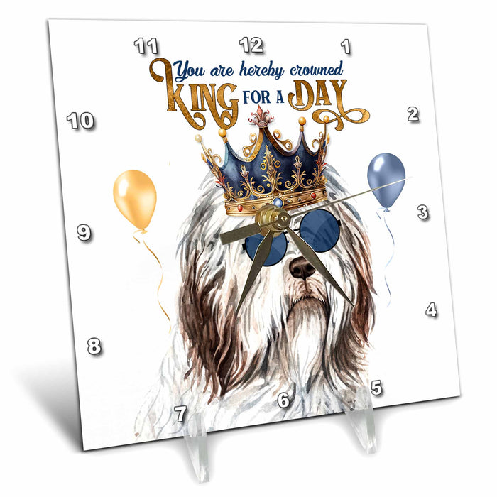 Desk Clock - Adorable Sheepdog in Sunglasses and a Crown King for a Day KING for a Day Dogs