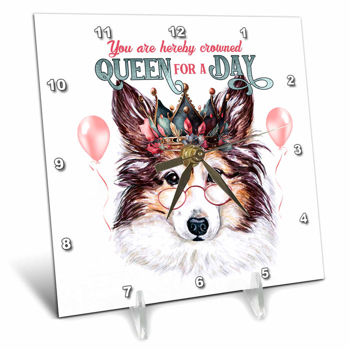 Desk Clock - A Crown and Reading Glasses on a Shetland Sheepdog Queen for a Day QUEEN for a Day Dogs