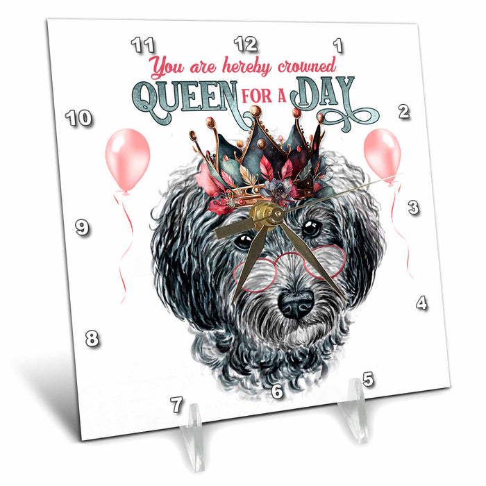 Desk Clock - Yorkshire Terrier Dog with Black Fur and Crown Queen for a Day QUEEN for a Day Dogs