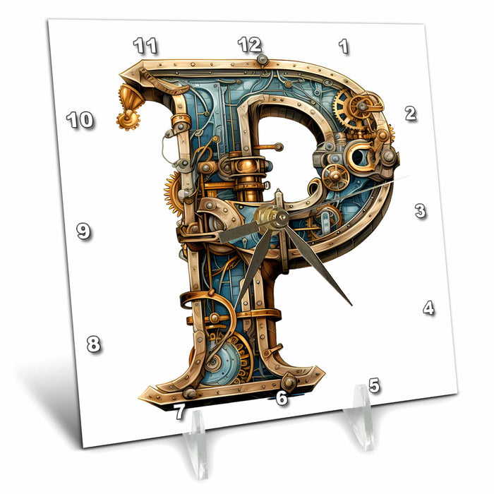 Desk Clock - Steampunk Image Of Metal Monogram Initial P Monograms