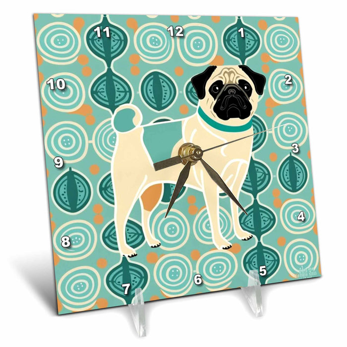 Desk Clock - Mid-century Modern Pug with MCM background pattern Craftsman Studios - Mid-Century Modern