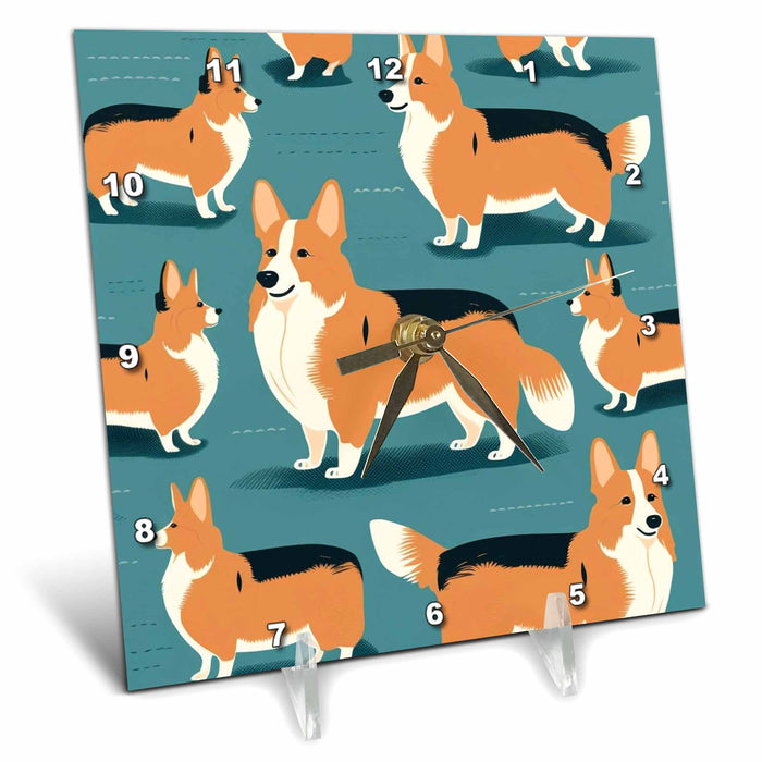 Desk Clock - Corgis strut in a scene of mid-century modern design Craftsman Studios - Mid-Century Modern