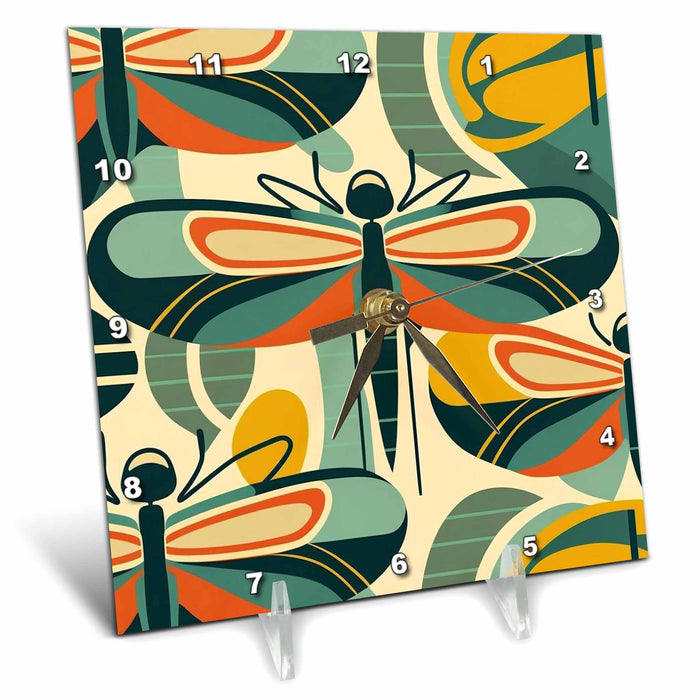 Desk Clock - Dragonflies bask in the elegance of mid-century design Craftsman Studios - Mid-Century Modern