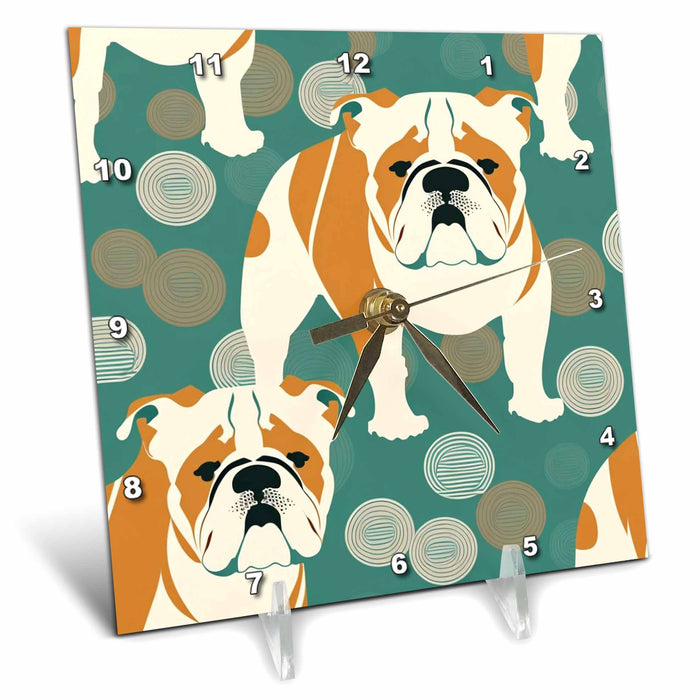 Desk Clock - Stylized Bulldogs pop in a retro modern backdrop Craftsman Studios - Mid-Century Modern