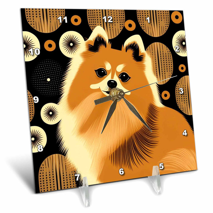 Desk Clock - Pomeranians prance in mid-century modern style Craftsman Studios - Mid-Century Modern