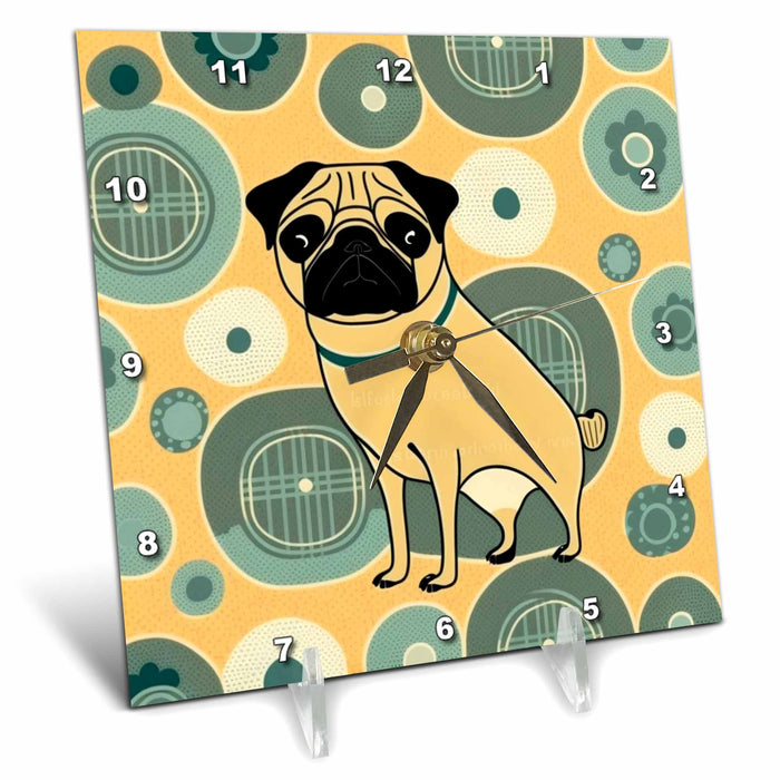 Desk Clock - Stylized Pugs pop in a mid-century modern backdrop Craftsman Studios - Mid-Century Modern