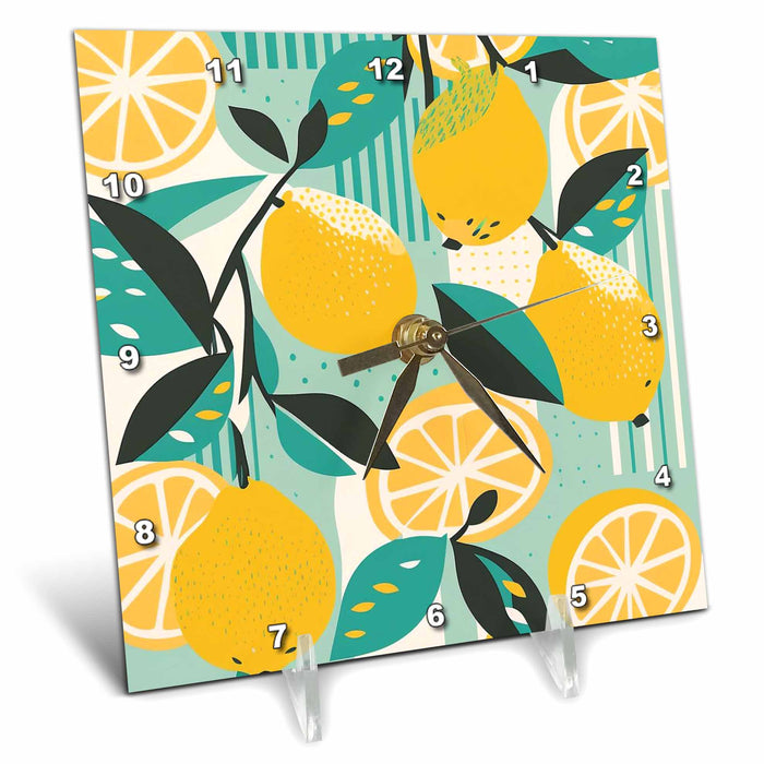 Desk Clock - Stylized lemons pop in a mid-century modern backdrop Craftsman Studios - Mid-Century Modern