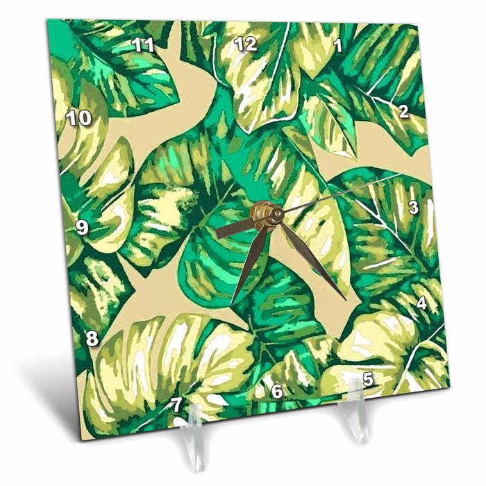 Desk Clock - Banana Leaf Pattern In Green Cream And Beige Vector Art - Foliage Pattern