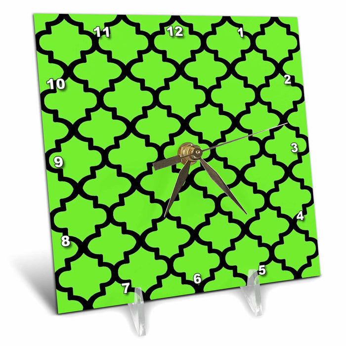 Desk Clock - Quatrefoil Pattern In Black Outline On Lime Green Digital Art - Quatrefoil Pattern