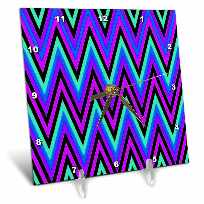 Desk Clock - Chevron Design In Black Purple Blue Aqua Zigzags Digital Art - Chevron Pattern