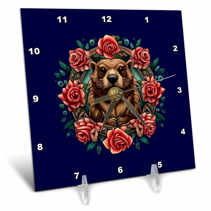 Desk Clock - North American Beaver Surrounded By Roses New York State Tattoo Art Vector Art - New York Mammal Flower