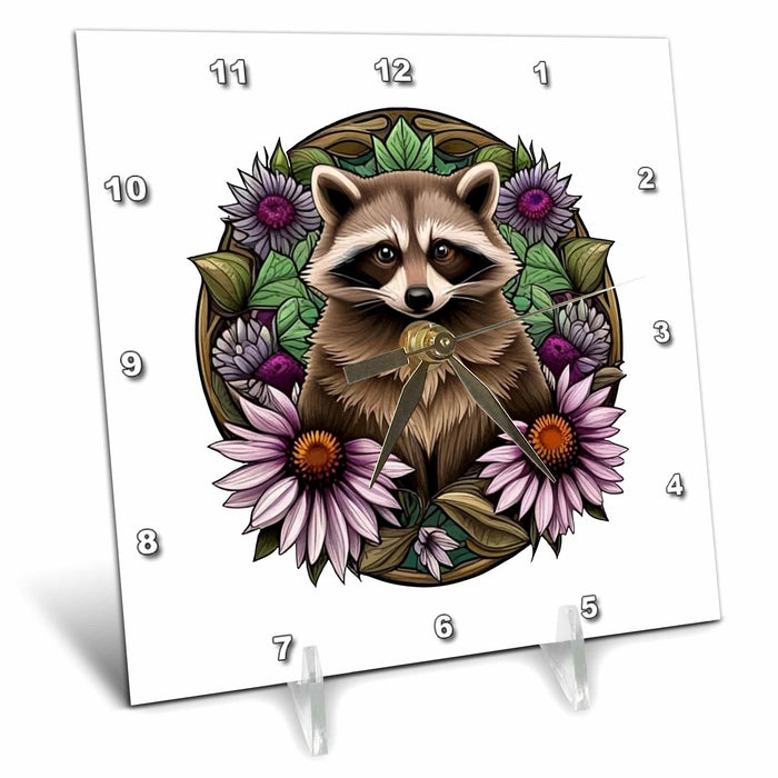 Desk Clock - A Raccoon Surrounded By A Wreath Tennessee Purple Coneflower Vector Art - Kansas State Mammal Flower