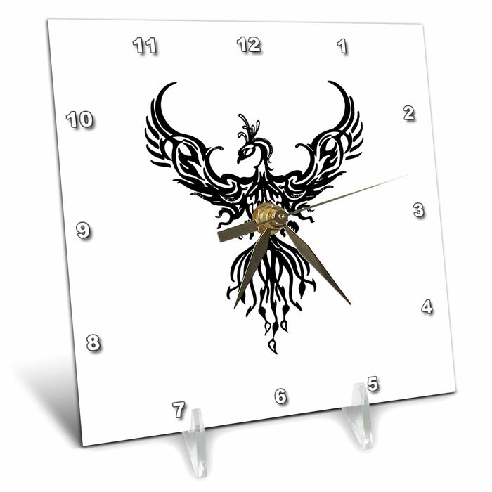 Desk Clock - Phoenix Fantasy Fire Bird Tribal Style Art Black Illustration - Phoenix Bird