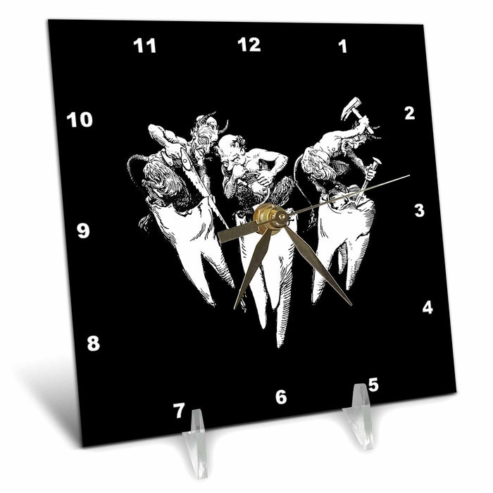 Desk Clock - A Devilish Toothache Black And White Vintage Illustration Illustration - Dentists and Drills