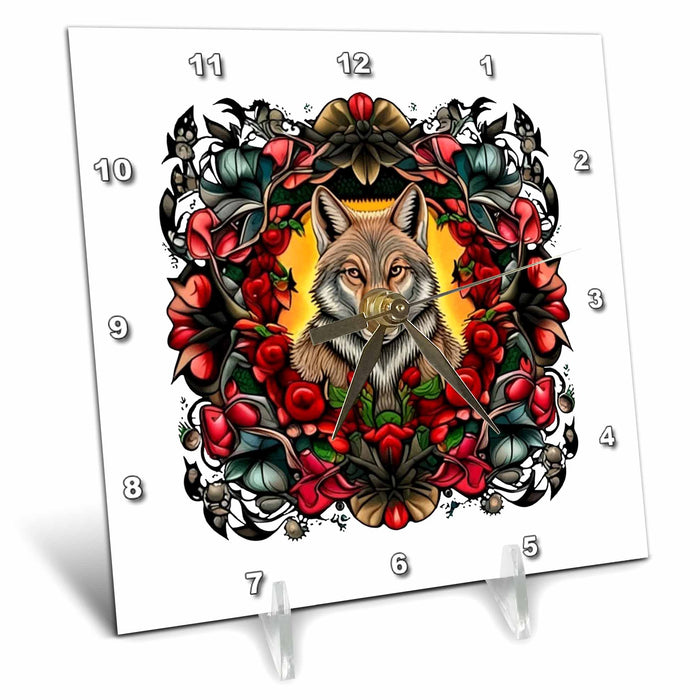 Desk Clock - North Dakota Coyote Surrounded By Prairie Rose Tattoo Art Vector Art - North Dakota Mammal Flower