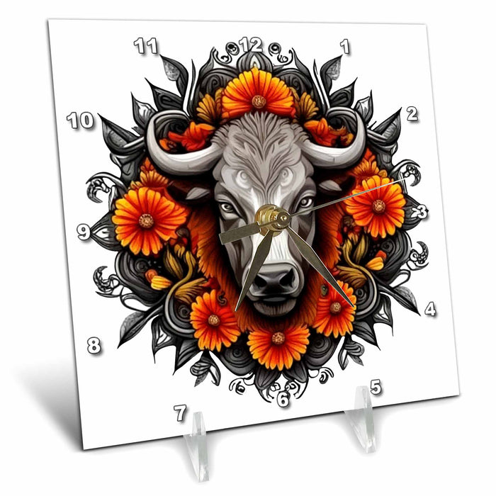 Desk Clock - Buffalo Surrounded By A Wreath Of Orange Flowers Tattoo Art Vector Art - Oklahoma Mammal Flower