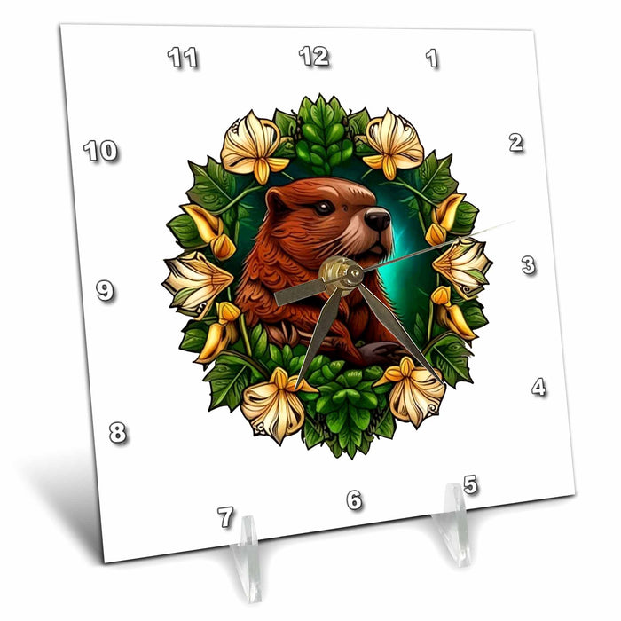 Desk Clock - A Beaver Surrounded By A Wreath Of Oregon Grape Flowers Tattoo Art Vector Art - Oregon Mammal Flower