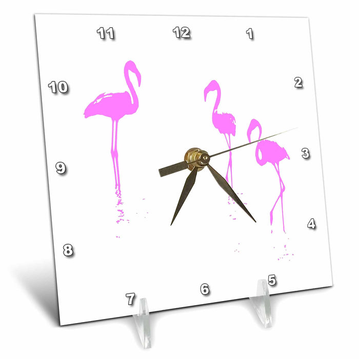 Desk Clock - Minimalistic Three Flamingos Silhouette In Pink Vector Art - Flamingo