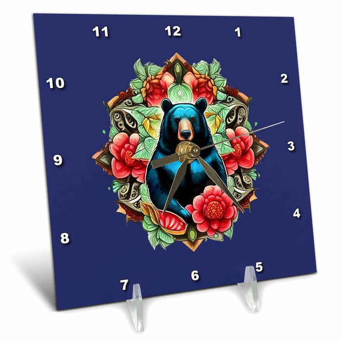 Desk Clock - Alabama State Black Bear Surrounded by Camellia And Hydrangea Vector Art - Alabama State Mammal Flower