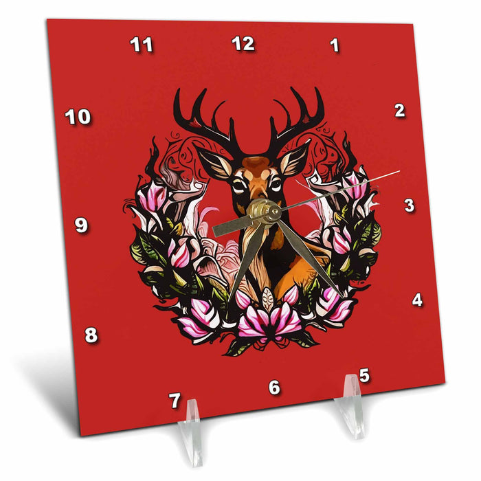 Desk Clock - Arkansas Deer With Antlers And Apple Blossom Tattoo Art Vector Art - Arkansas State Mammal Flower