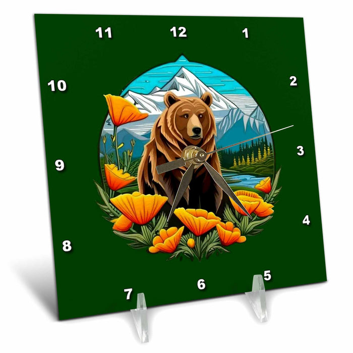 Desk Clock - Bear In Mountain Landscape Surrounded By Orange California Poppies Vector Art - California Mammal Flower