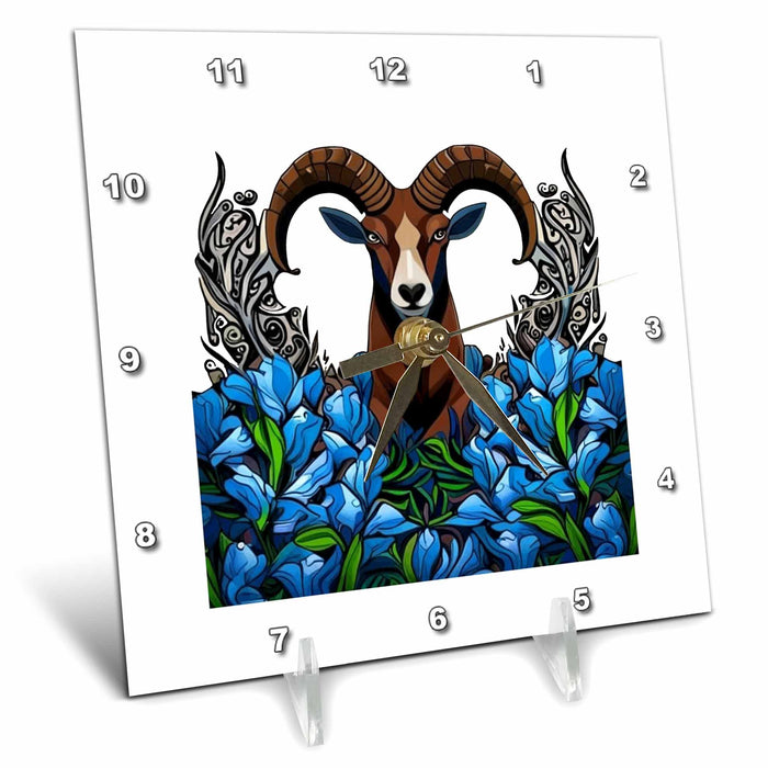 Desk Clock - Cartoon Of A Bighorn Sheep With Colorado Blue Columbine Vector Art - Colorado State Mammal Flower