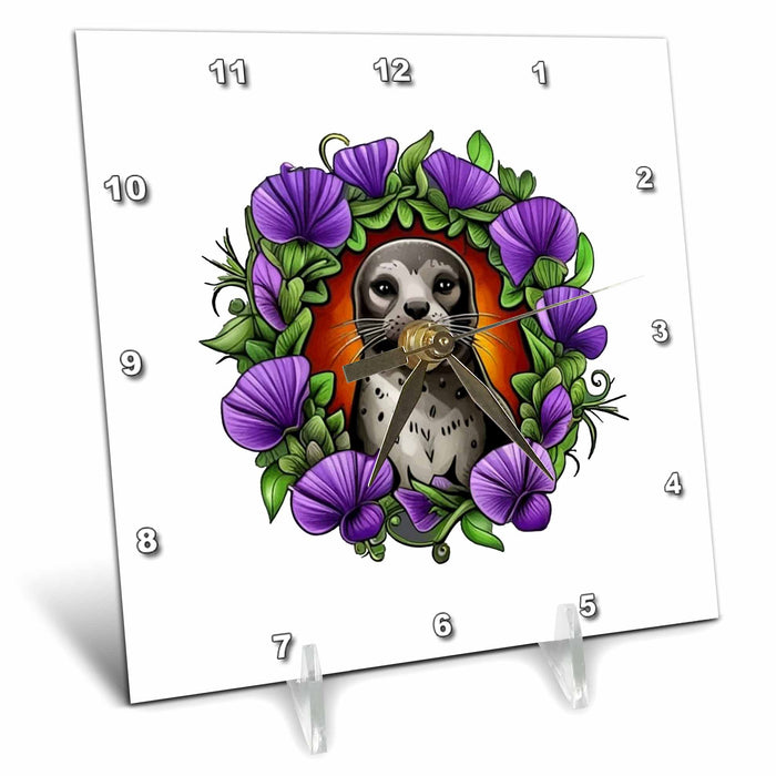 Desk Clock - A Harbor Seal Surrounded By A Wreath Of Violet Viola Tattoo Art Vector Art - Rhode Island State