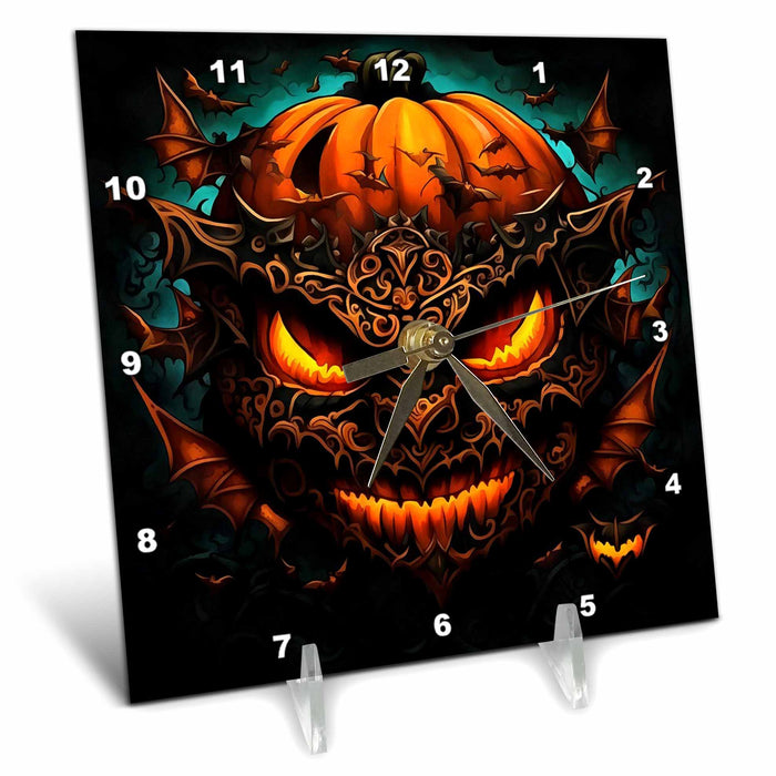 Desk Clock - Steampunk Halloween Pumpkin With Mechanical Bats Fantasy Acrylic Painting - Steampunk Pumpkin