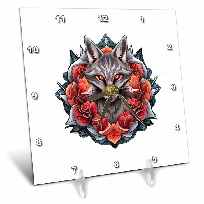 Desk Clock - Cartoon Of A Gray Fox With Delaware State Blossom Vector Art - Delaware Mammal Flower